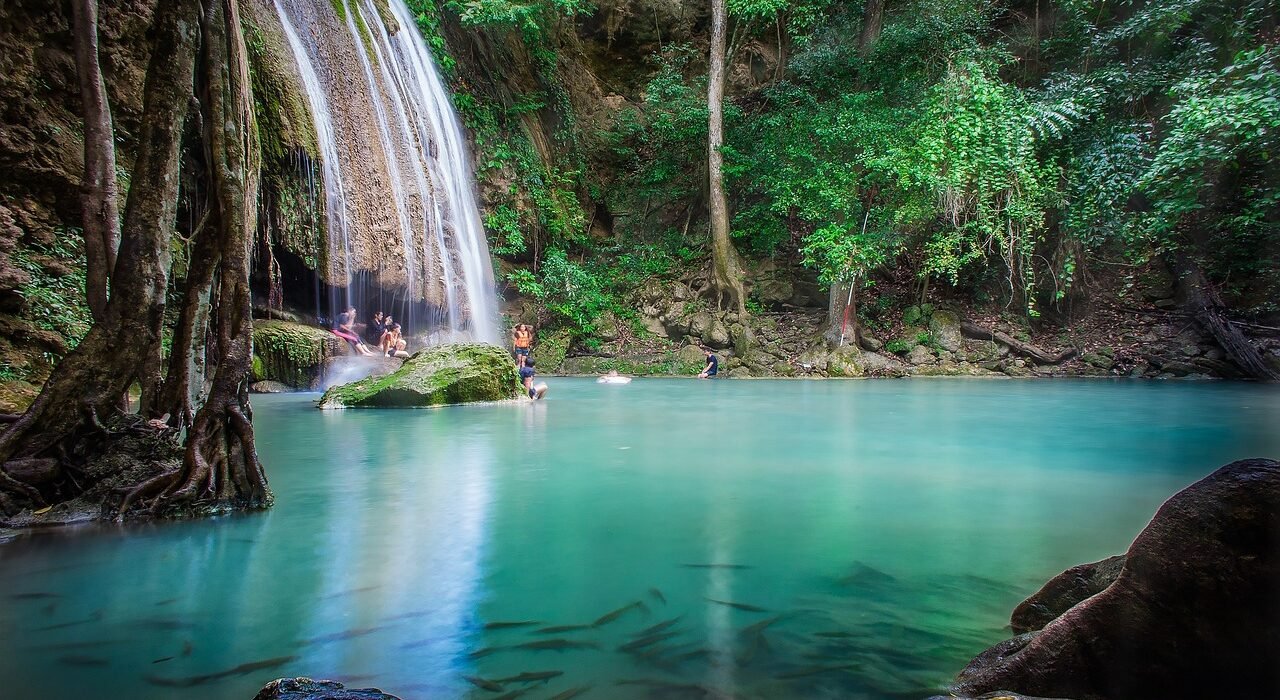 waterfall, erawan waterfall national park, rock