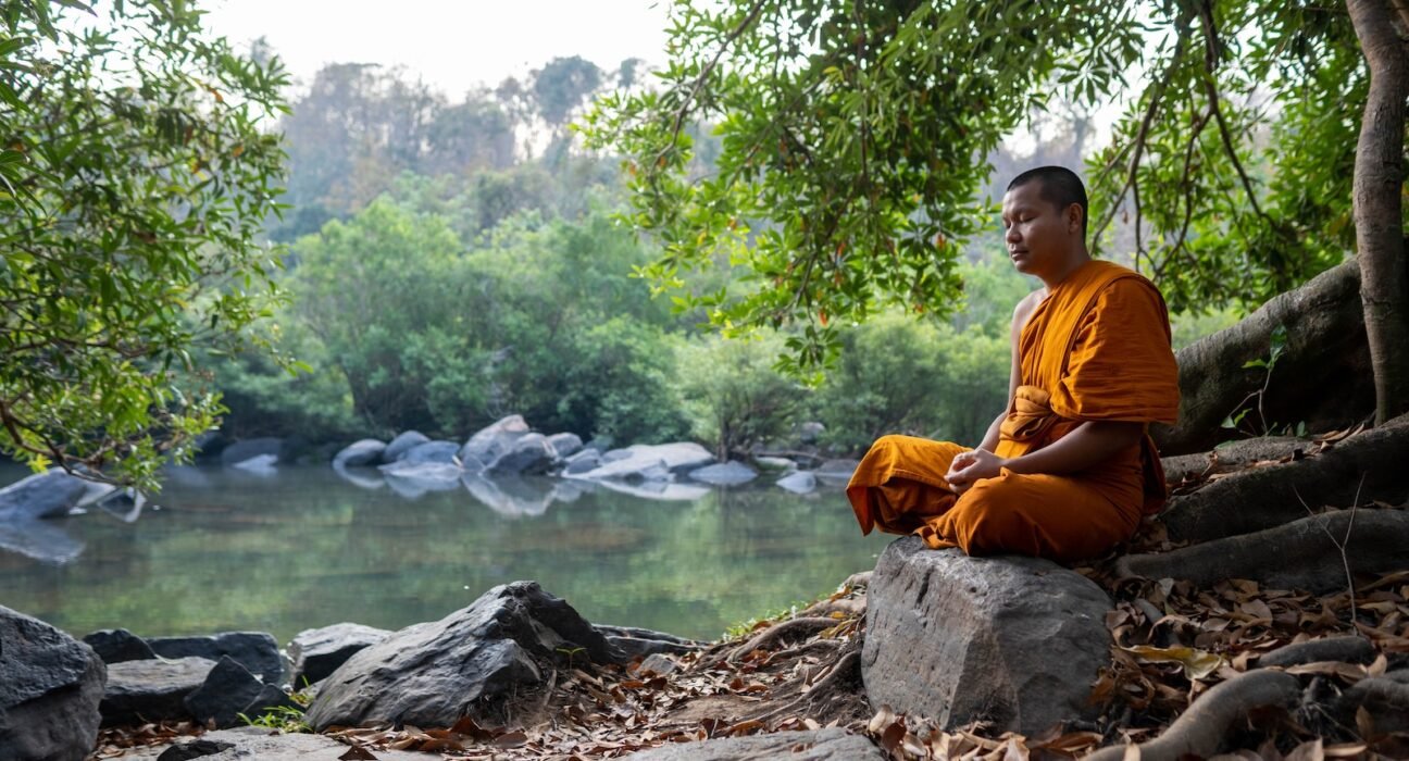 a man sitting on a rock by a river