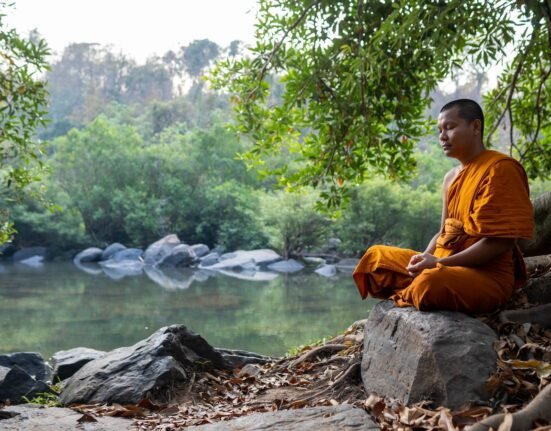 a man sitting on a rock by a river