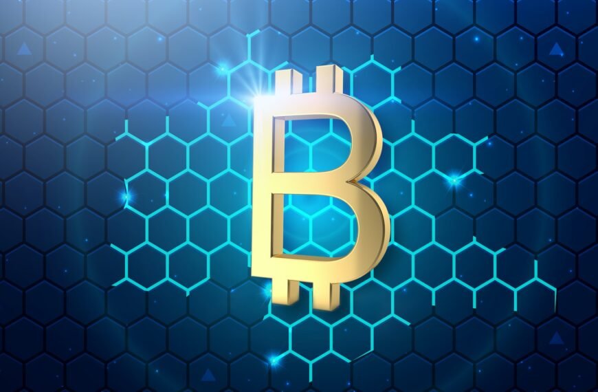a golden bitcoin on a blue hexagonal background
