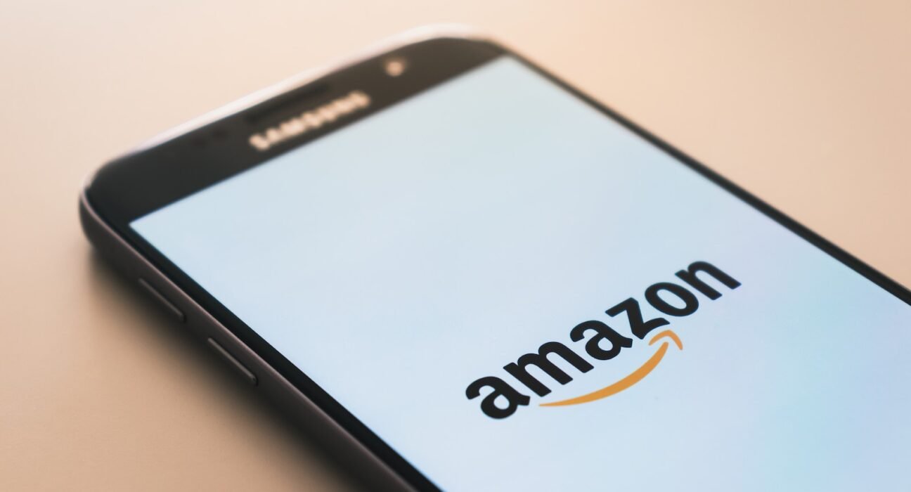 black Samsung Galaxy smartphone displaying Amazon logo