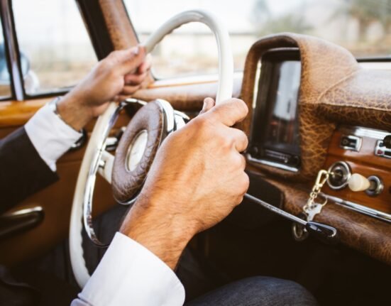 person holding vehicle steering wheel
