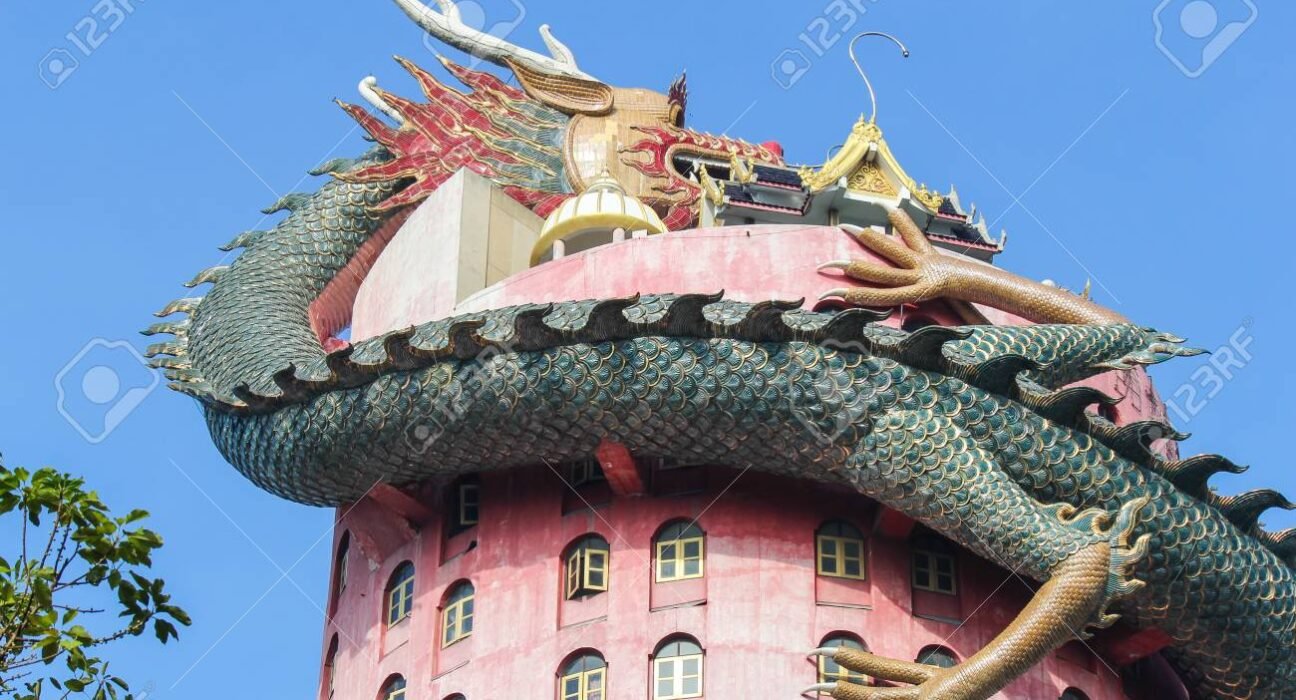 giant dragon temple at wat samphran, nakhon pathom, thailand stock ...