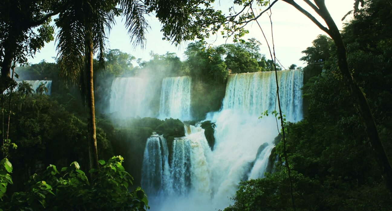waterfalls between trees during day time
