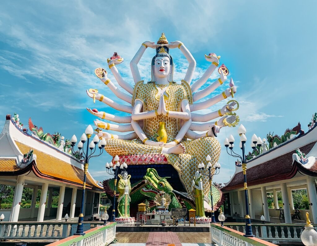gold and blue hindu deity statue