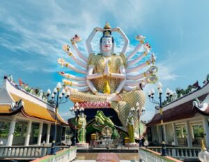 gold and blue hindu deity statue