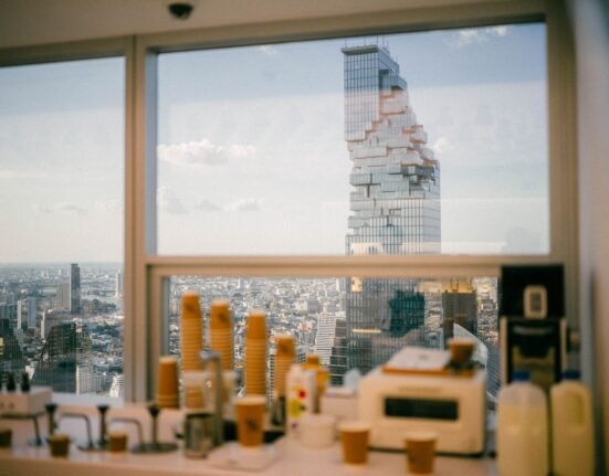 a view of a city from a kitchen window