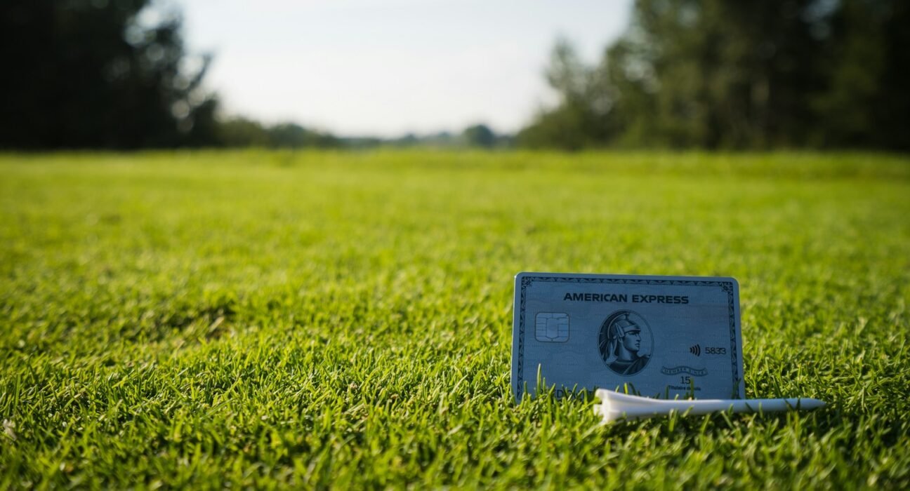 a credit card sitting on top of a lush green field