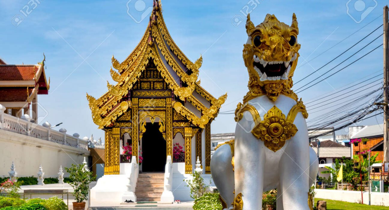 guardian lion in front of wat si umong kham, phayao, thailand ...