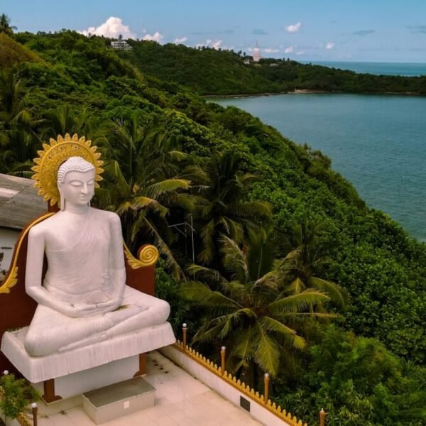 a statue of a person sitting on a bench by a body of water