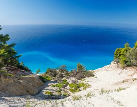 a view of the ocean from the top of a hill