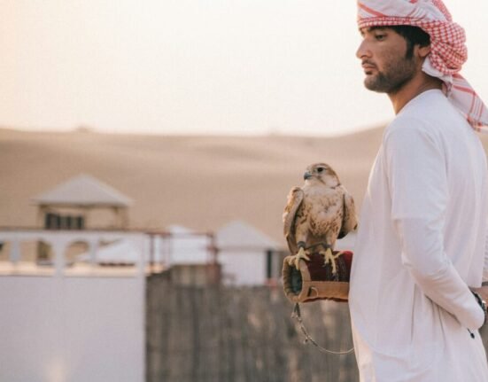 man standing beside eagle during daytime