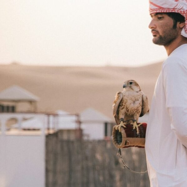 man standing beside eagle during daytime